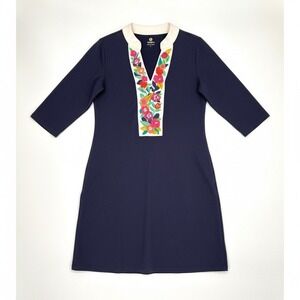 Spartina 449 Shift Dress Navy Embroidered Cotton Knit 3/4 Sleeve Knee Length L